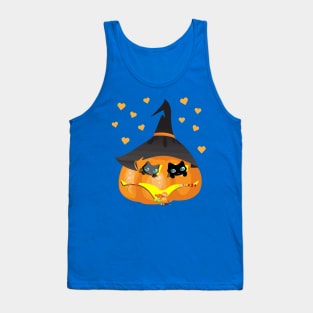 Black and Gray Cat in a Pumpkin House with Sweets Tank Top